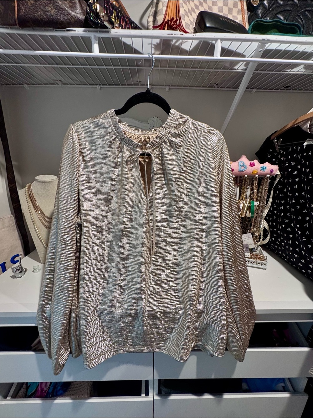 LOFT, Metallic Gold Long-Sleeve Tie-Neck Blouse - Women